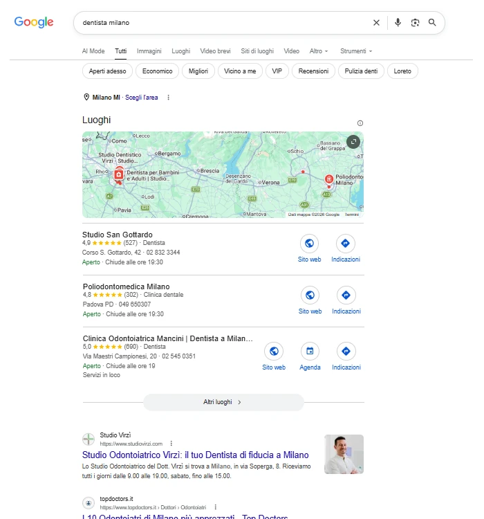 Esempio di ricerca locale su Google per dentisti a Milano con Local Pack, mappa e risultati organici