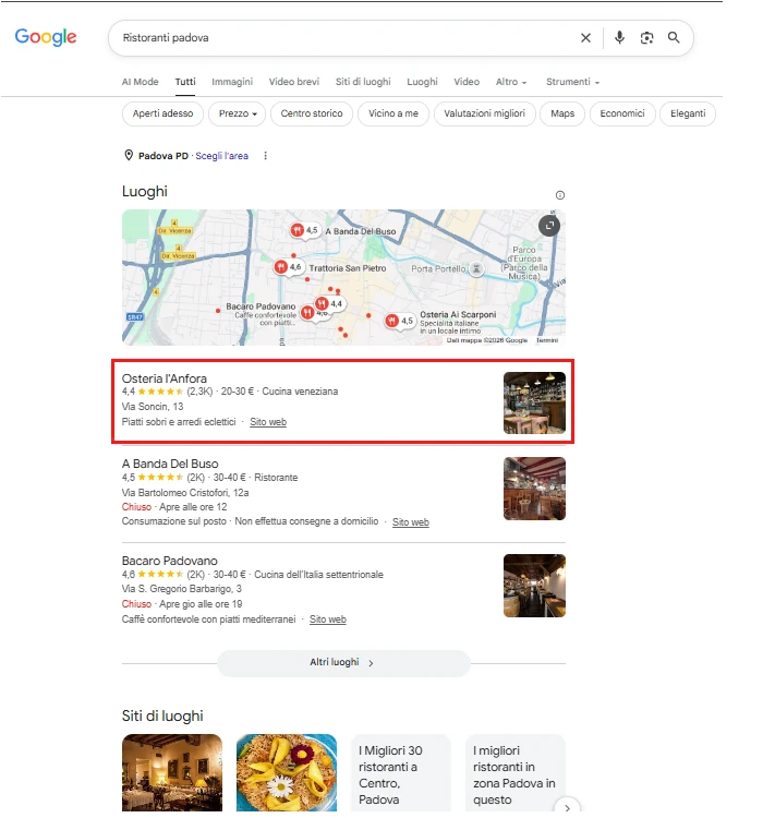 Esempio di risultati di ricerca locale su Google con Local Pack, Google Maps e attività della zona